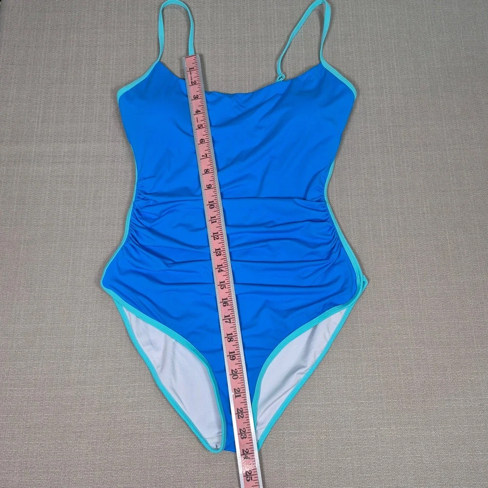 Eomenie Blue Ruched‎ Tummy Control One Piece Swimsuit Adjustable Straps Womens M